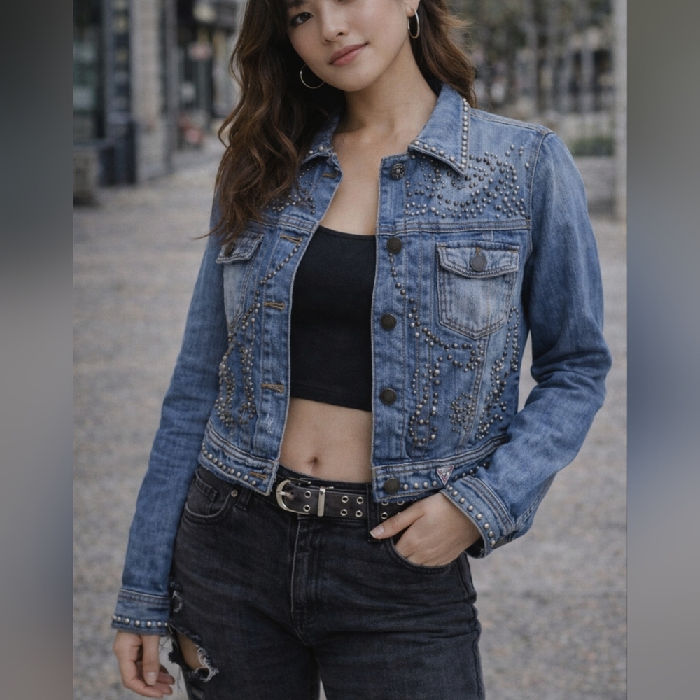 Guess Blue Studded Denim Jacket Size S Embellished Jean Jacket Cropped Y2K Style
